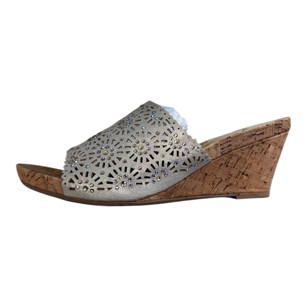 White Mountain Adira Glitter Cork
Wedge Slip on Sandal, Laser Cutouts Size 7
